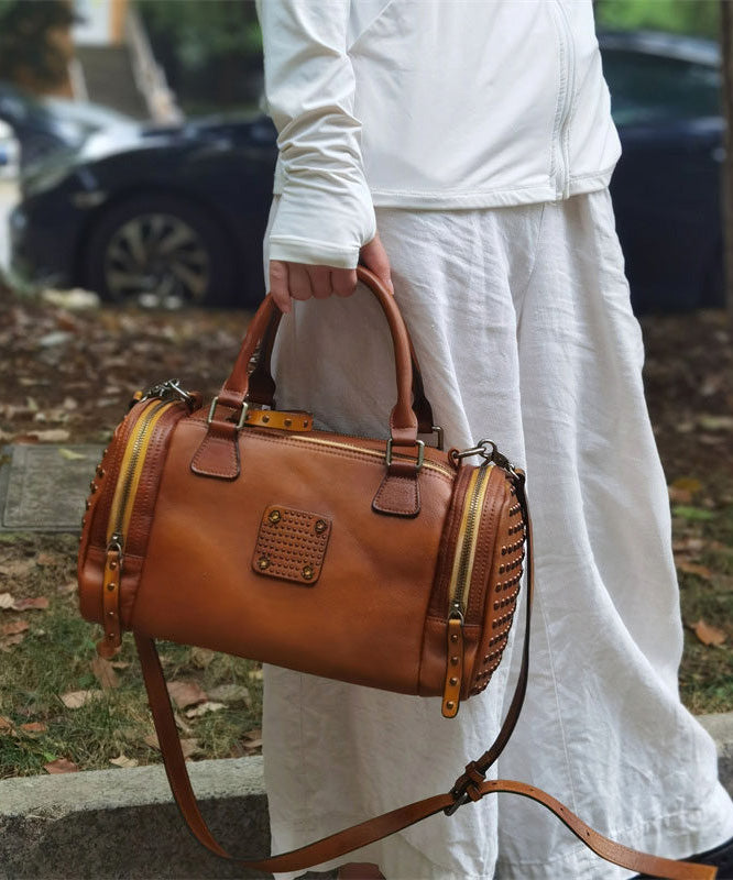 Handmade Coffee Rivet Calf Leather Tote Bag