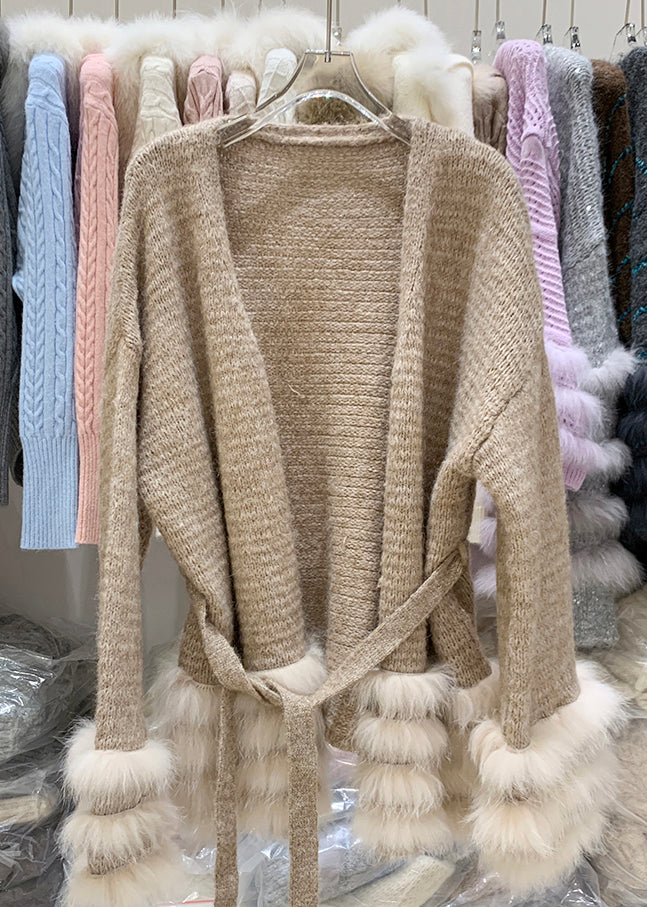 Handmade Coffee V Neck Patchwork Tie Waist Cotton Knit Cardigans Winter