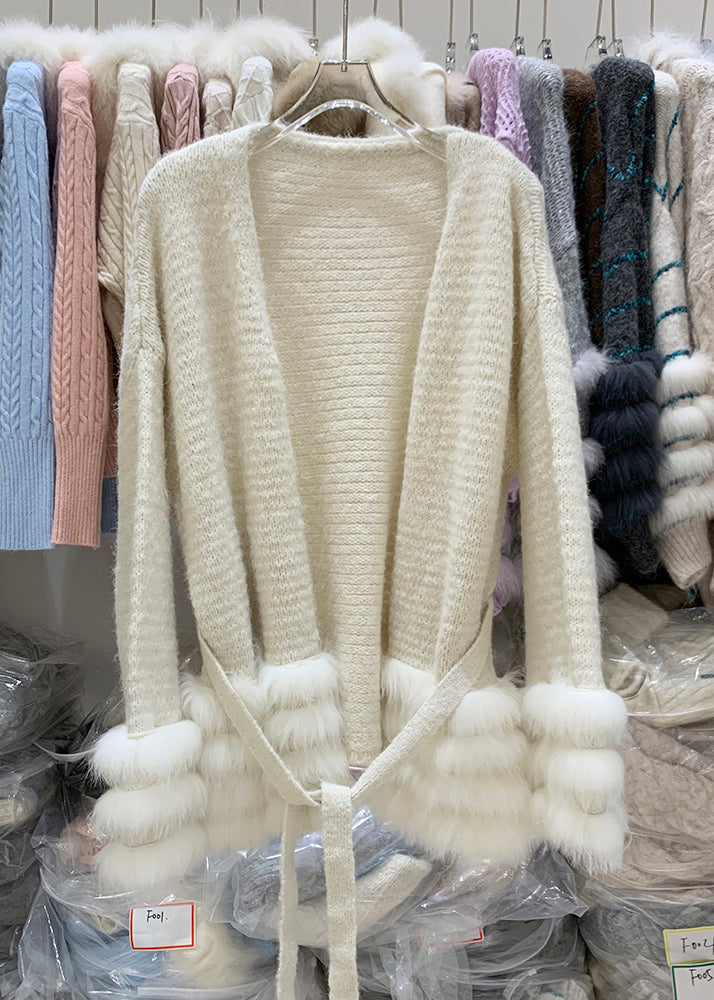 Handmade Coffee V Neck Patchwork Tie Waist Cotton Knit Cardigans Winter