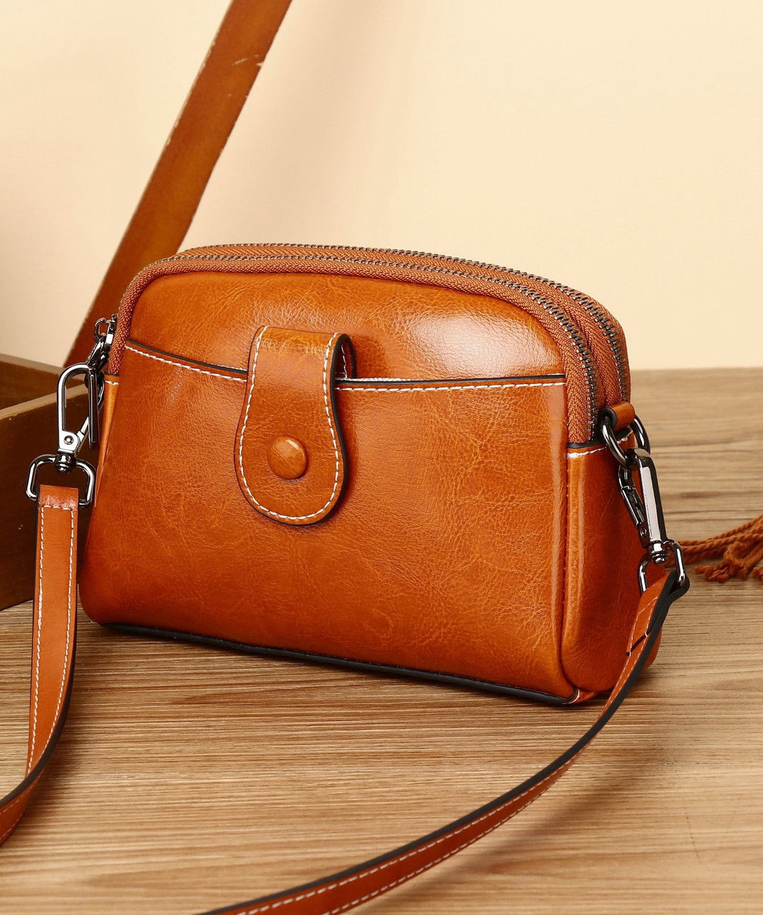 Handmade Coffee Versatile Calf Leather CrossBody Bag