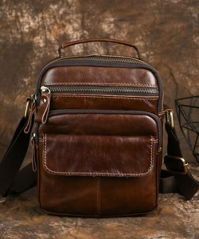 Handmade Coffee Versatile Calf Leather Men CrossBody Bag