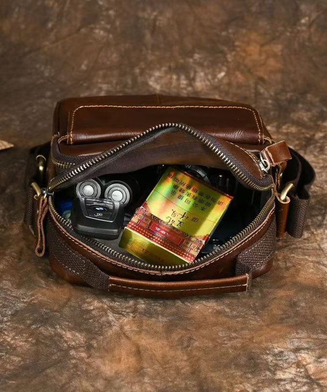 Handmade Coffee Versatile Calf Leather Men CrossBody Bag