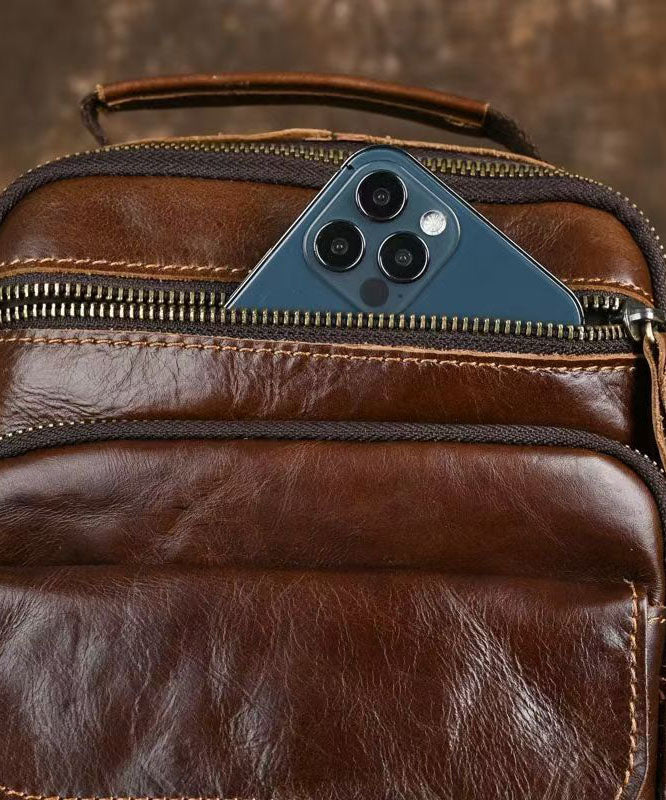 Handmade Coffee Versatile Calf Leather Men CrossBody Bag