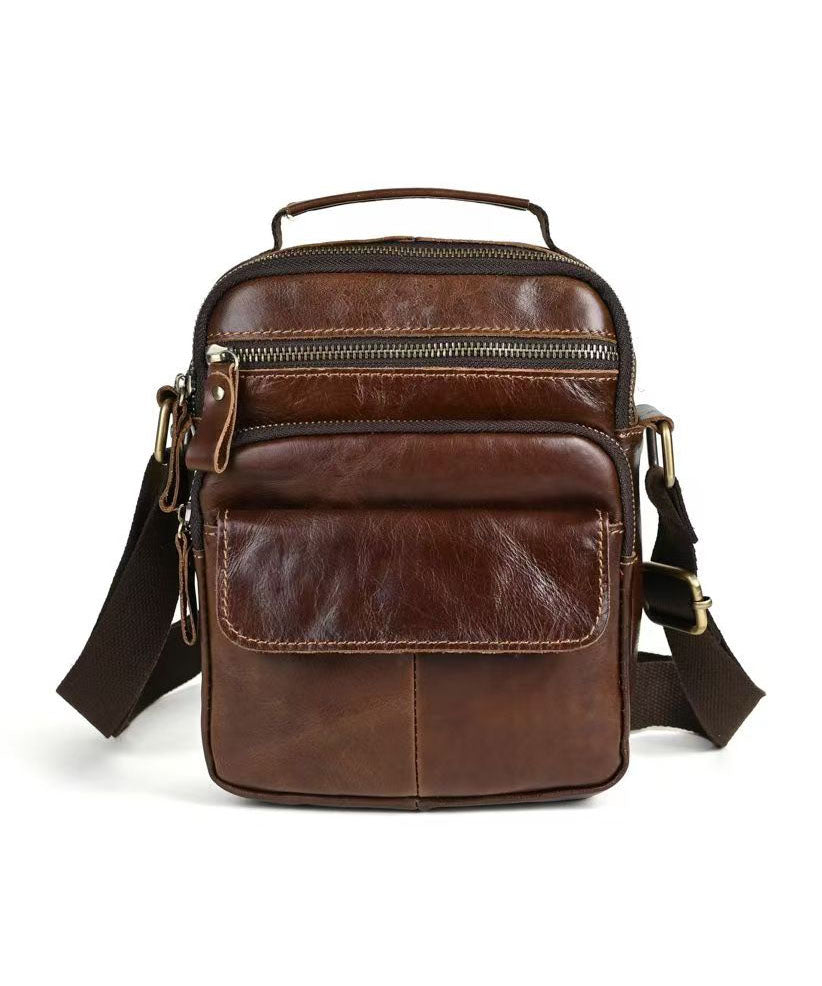 Handmade Coffee Versatile Calf Leather Men CrossBody Bag