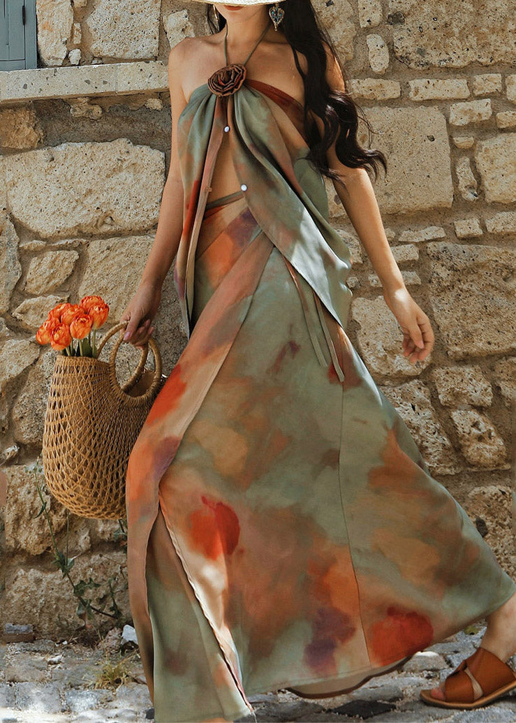 Handmade Cold Shoulder Print Rose Top And Maxi Skirts Two Piece Set Sleeveless