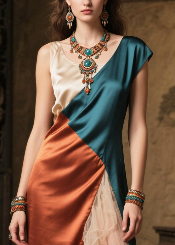 Handmade Colorblock Asymmetrical Patchwork Silk Cami Dresses Summer