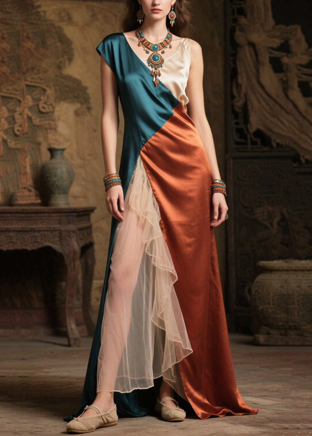 Handmade Colorblock Asymmetrical Patchwork Silk Cami Dresses Summer