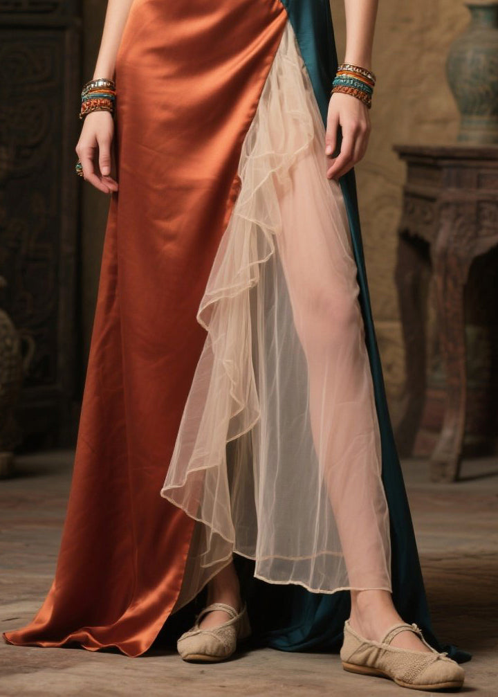 Handmade Colorblock Asymmetrical Patchwork Silk Cami Dresses Summer