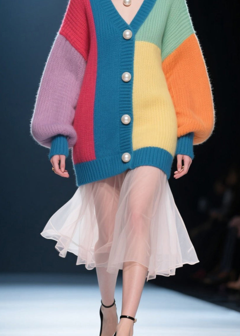 Handmade Colorblock Button V Neck Patchwork Knit Cardigan Fall