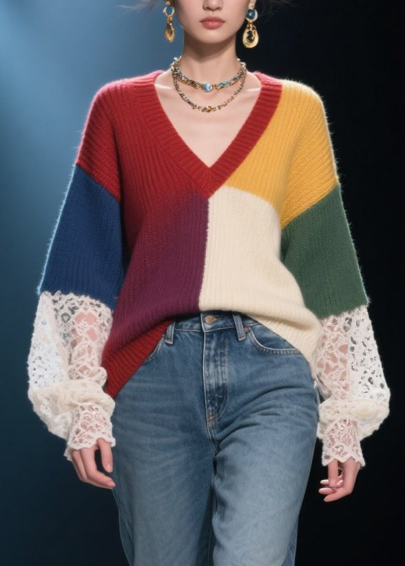 Handmade Colorblock Lace Patchwork Knit Pullover Fall