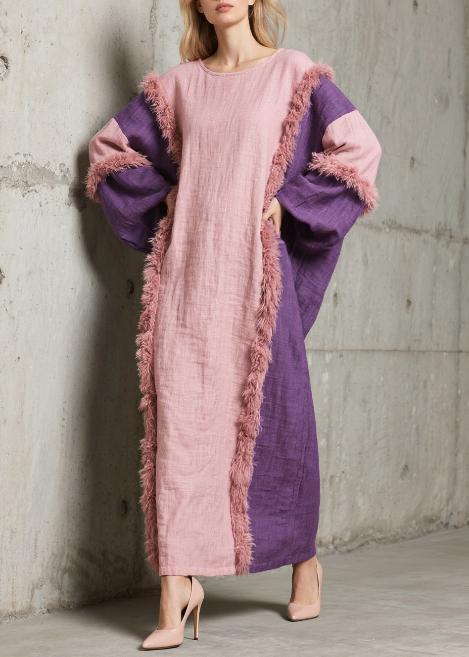 Handmade Colorblock O Neck Fuzzy Fur Patchwork Cotton Dress Fall