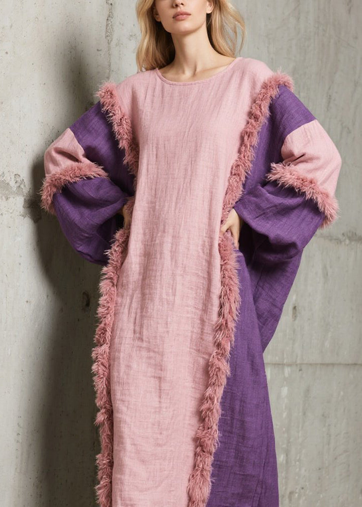 Handmade Colorblock O Neck Fuzzy Fur Patchwork Cotton Dress Fall