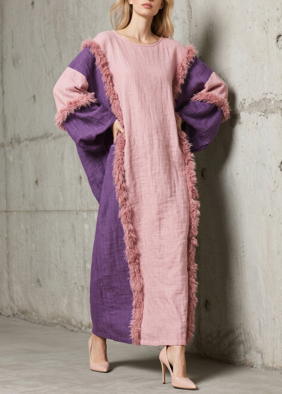 Handmade Colorblock O Neck Fuzzy Fur Patchwork Cotton Dress Fall