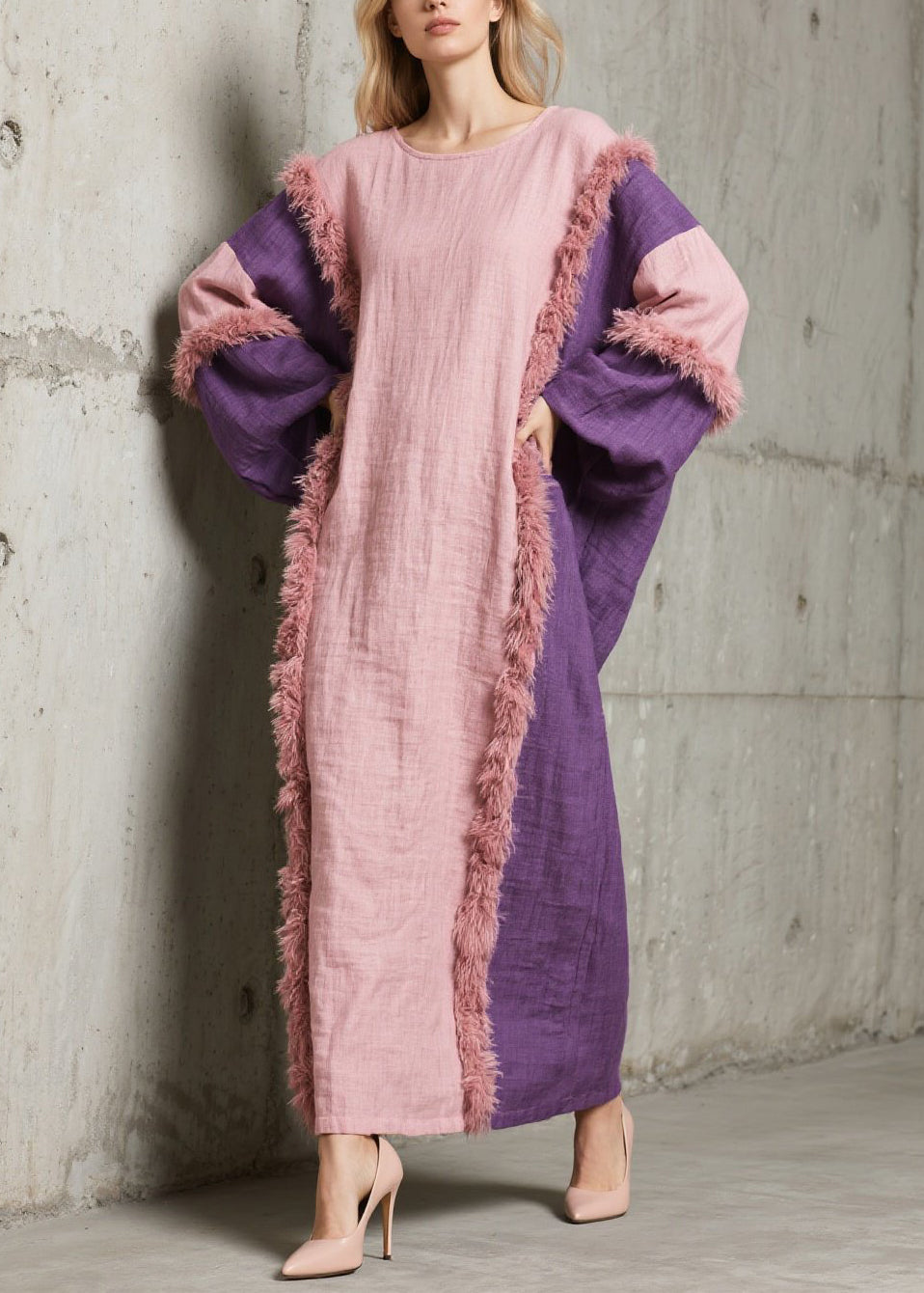 Handmade Colorblock O Neck Fuzzy Fur Patchwork Cotton Dress Fall
