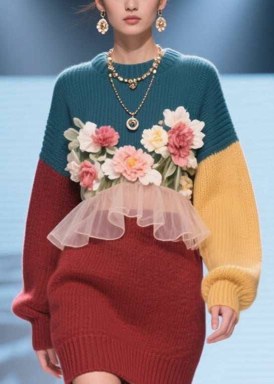 Handmade Colorblock O Neck Ruffled Floral Knit Dress Winter