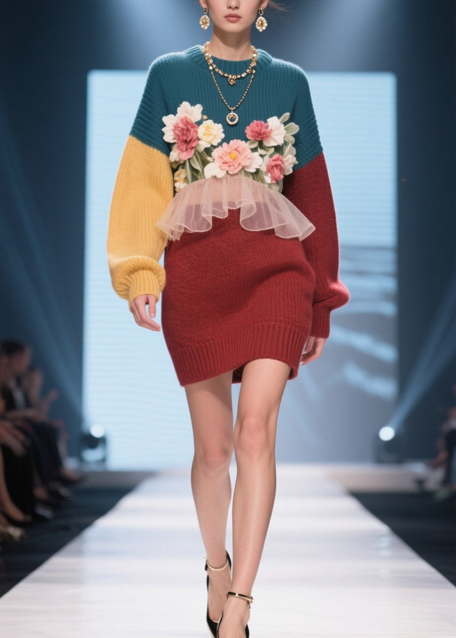 Handmade Colorblock O Neck Ruffled Floral Knit Dress Winter