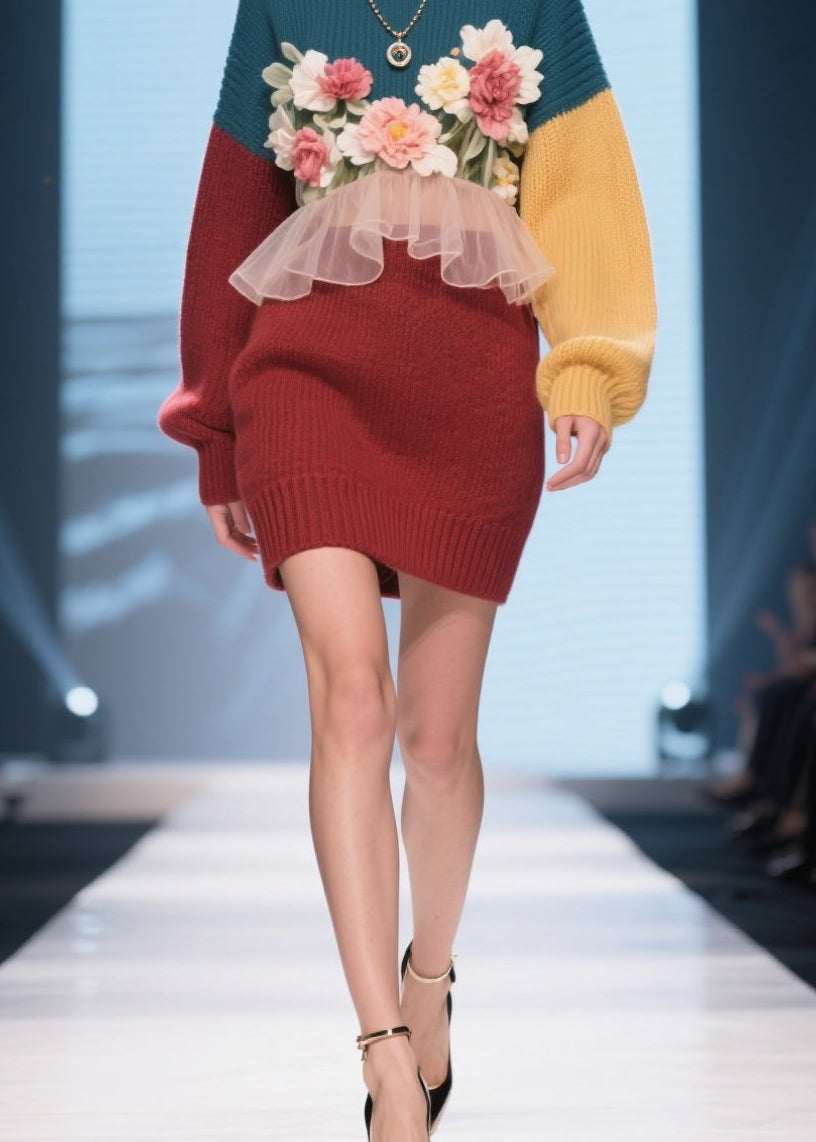 Handmade Colorblock O Neck Ruffled Floral Knit Dress Winter