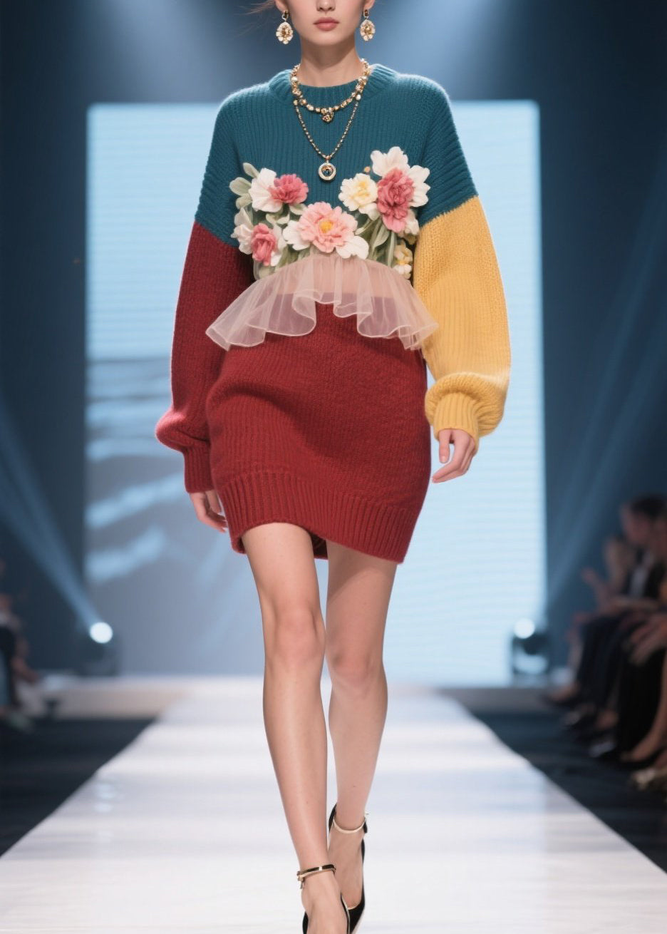 Handmade Colorblock O Neck Ruffled Floral Knit Dress Winter