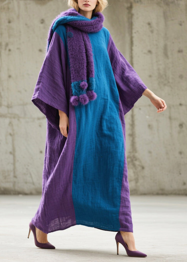 Handmade Colorblock Oversized Patchwork Cotton Maxi Dresses Fall - Omychic