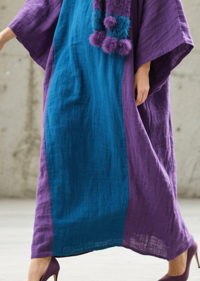 Handmade Colorblock Oversized Patchwork Cotton Maxi Dresses Fall - Omychic