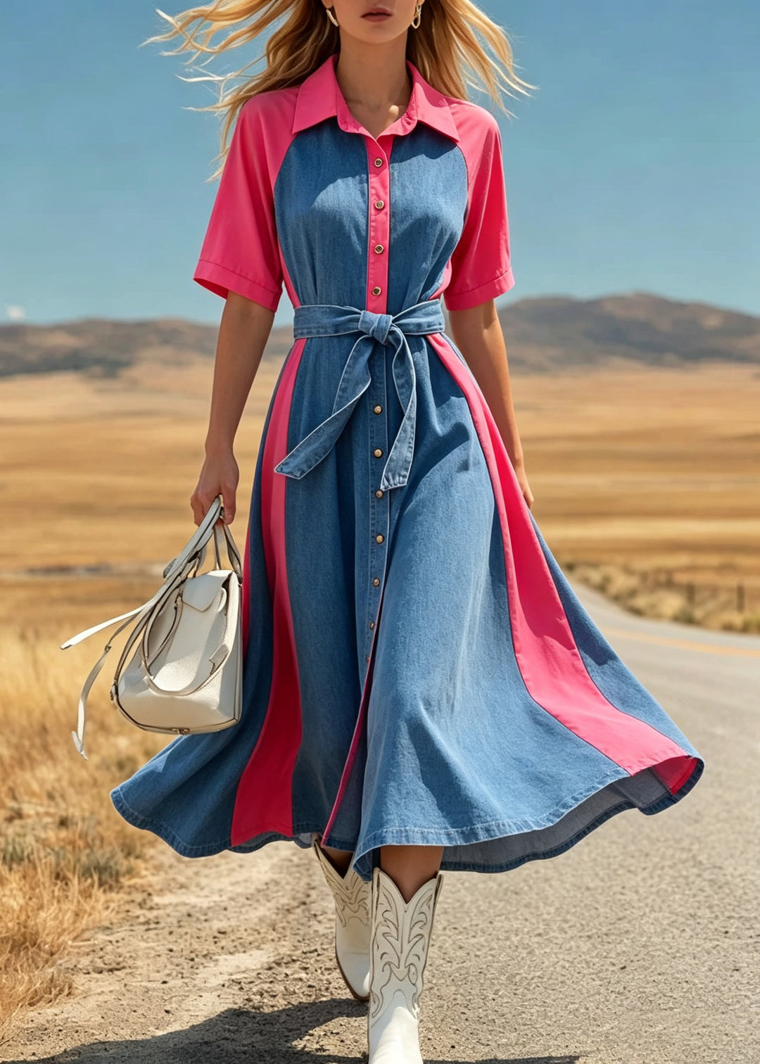 Handmade Colorblock Peter Pan Collar Tie Waist Button Long Dress Summer
