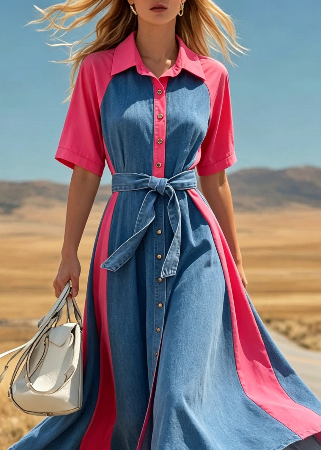 Handmade Colorblock Peter Pan Collar Tie Waist Button Long Dress Summer