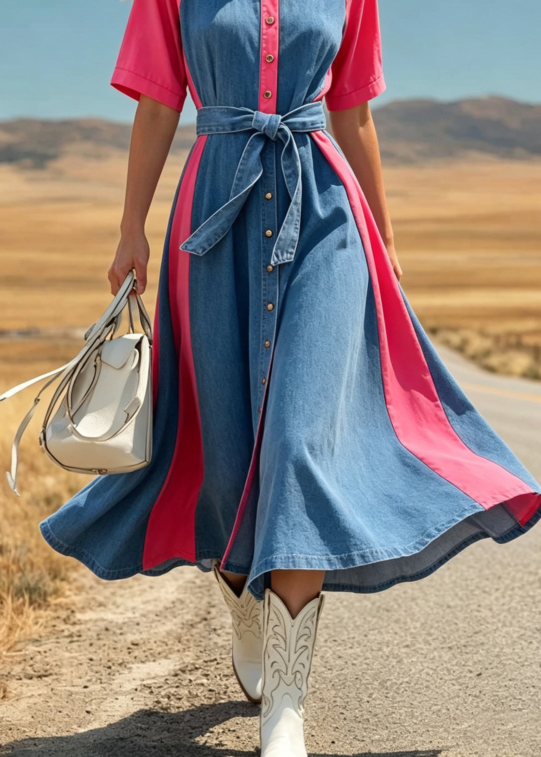 Handmade Colorblock Peter Pan Collar Tie Waist Button Long Dress Summer