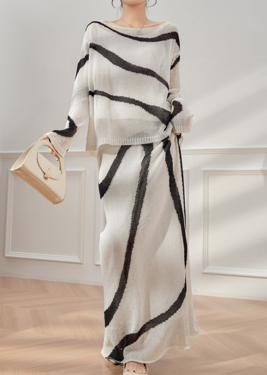 Handmade Colorblock Striped Knit Top And Maxi Skirts Two Pieces Set Spring