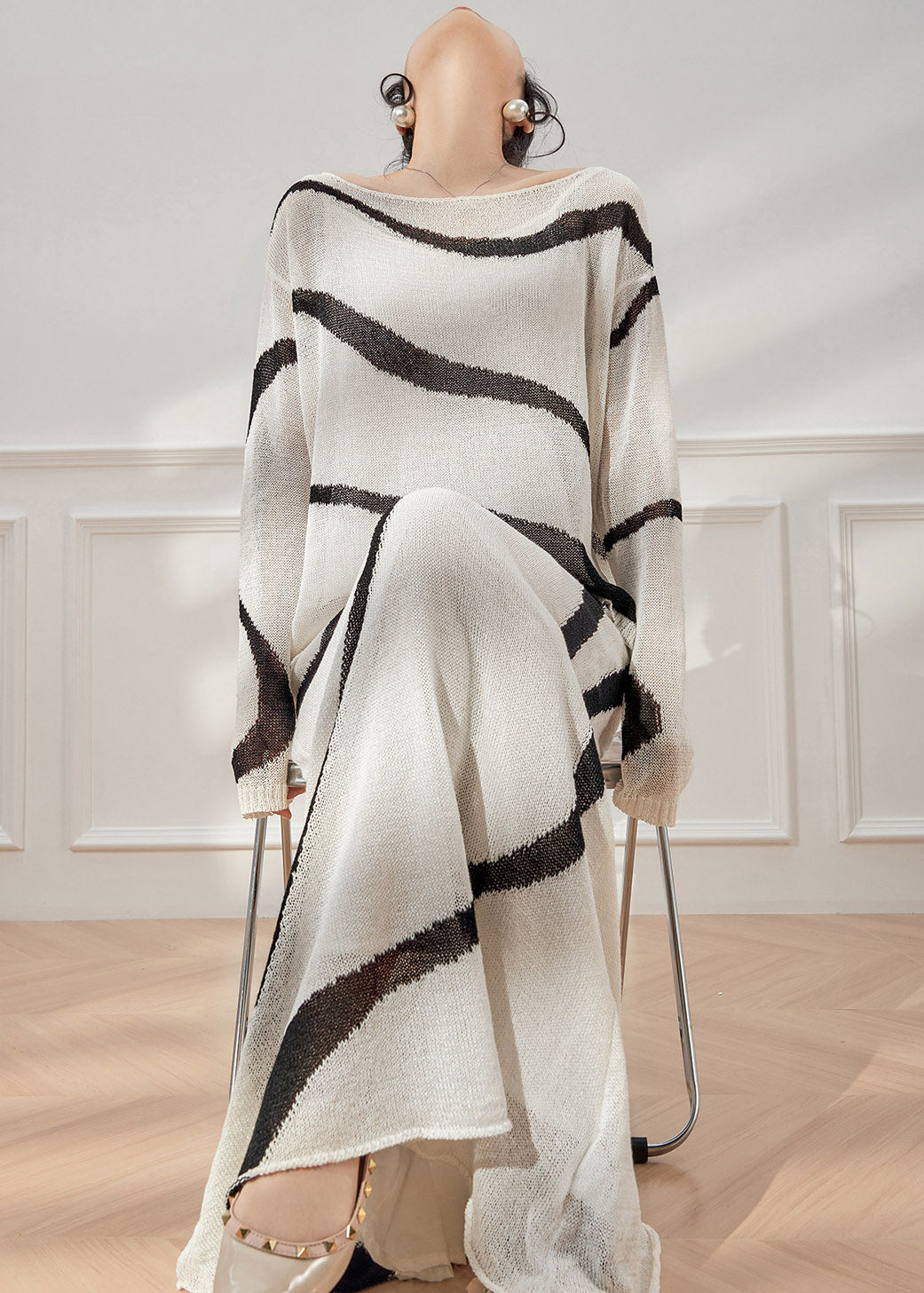 Handmade Colorblock Striped Knit Top And Maxi Skirts Two Pieces Set Spring