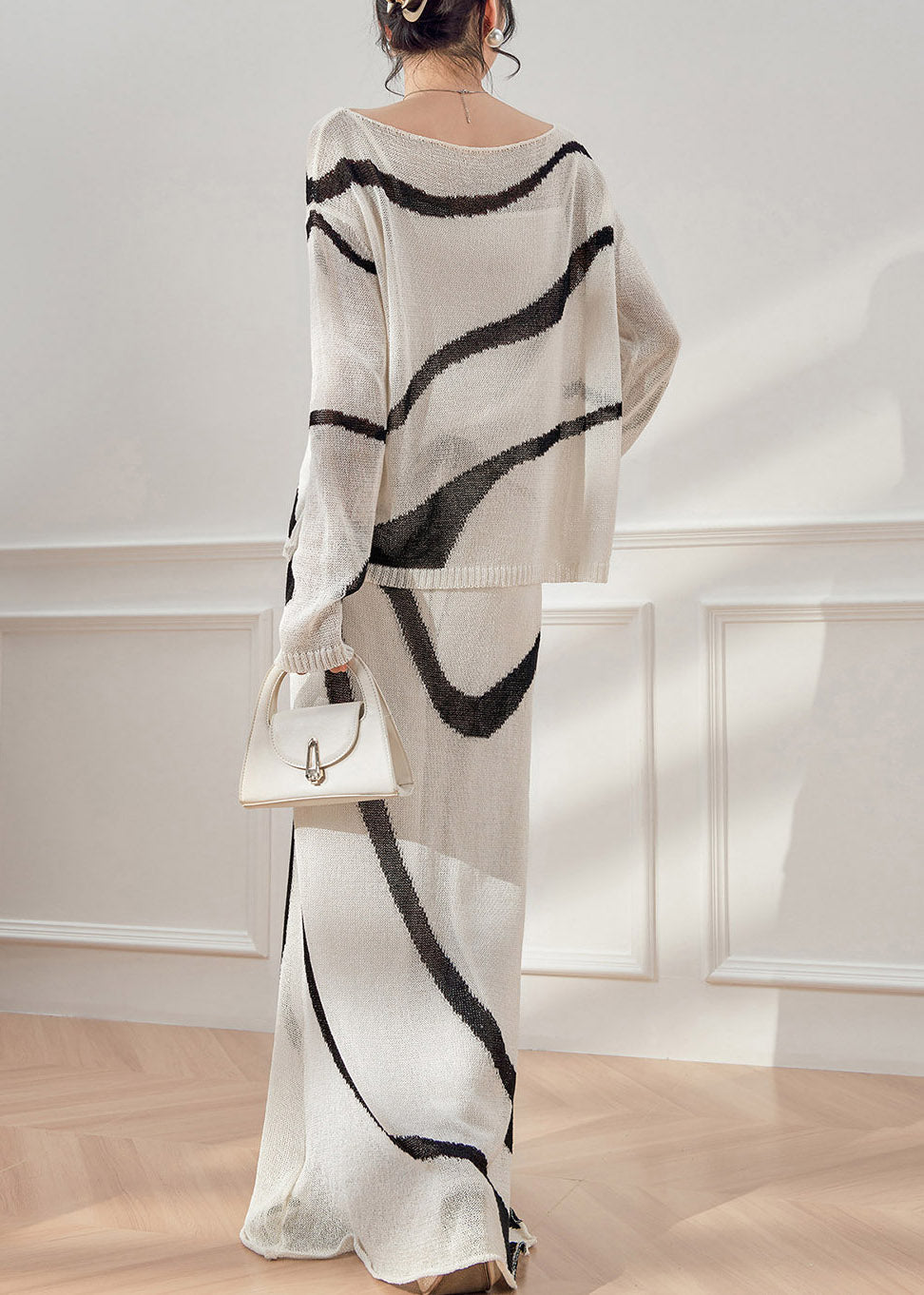 Handmade Colorblock Striped Knit Top And Maxi Skirts Two Pieces Set Spring