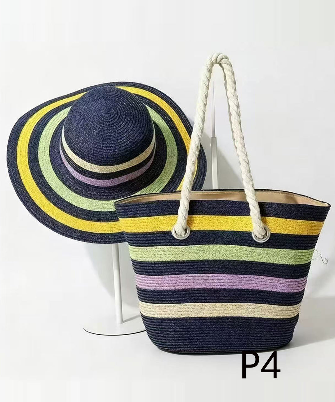 Handmade Colorblock Striped Straw Woven Floppy Sun Hat And Shoulder Handbag Two Pieces Set