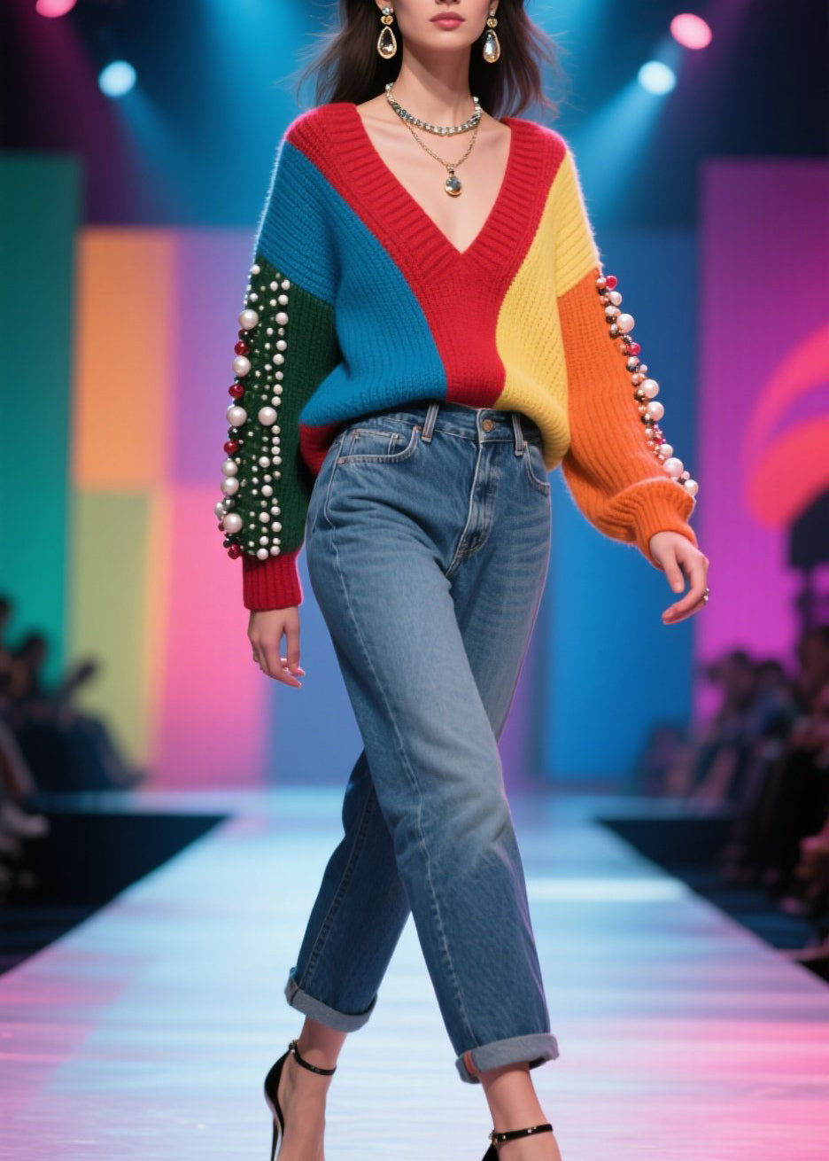 Handmade Colorblock V Neck Nail Bead Patchwork Knit Sweater Fall