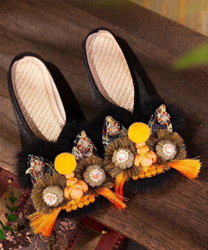 Handmade Comfortable Chinese Style Black Satin Slippers