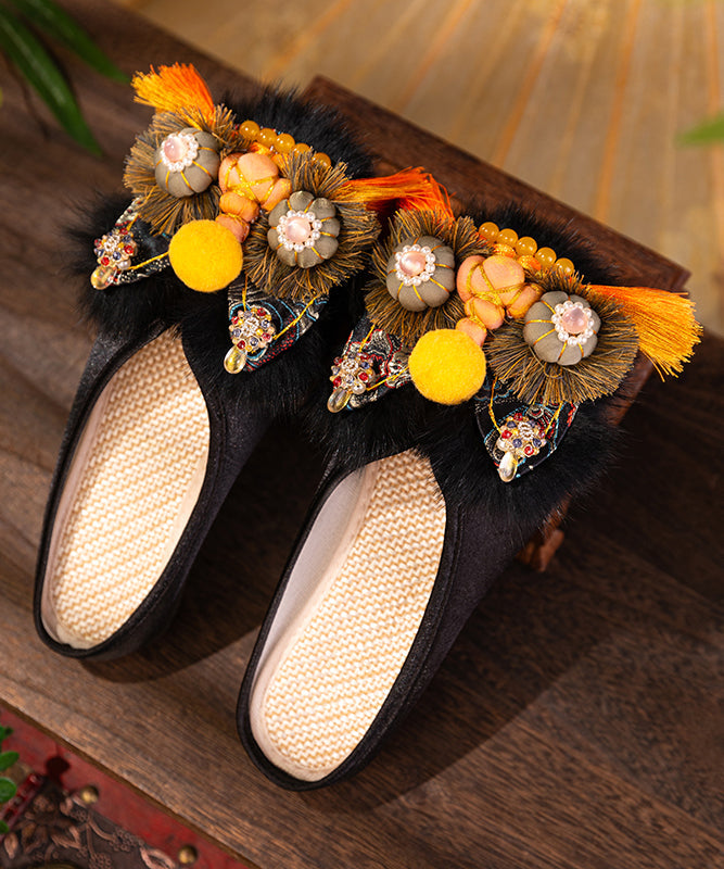 Handmade Comfortable Chinese Style Black Satin Slippers