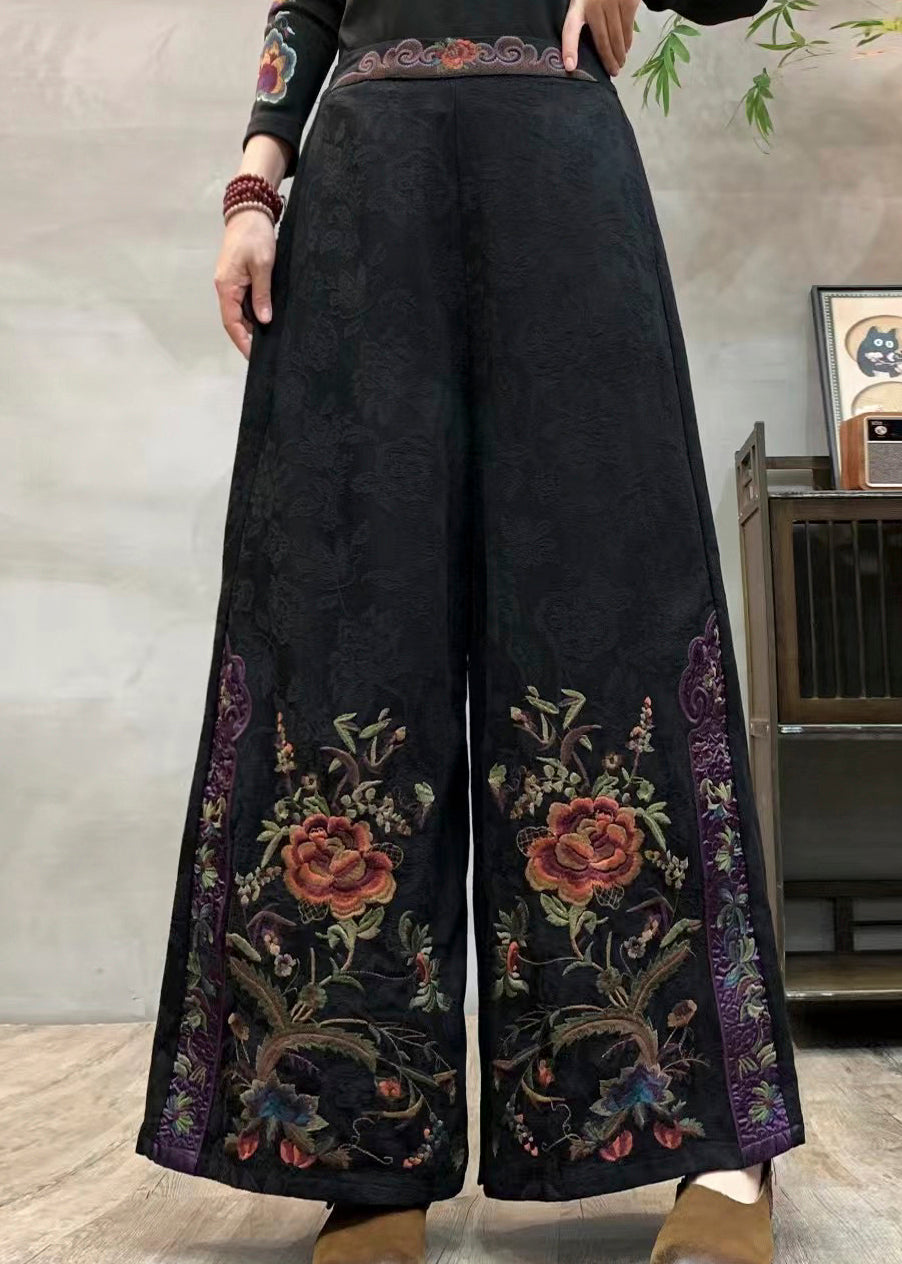 Handmade Dark Green Embroidered Jacquard Cotton Pants Spring