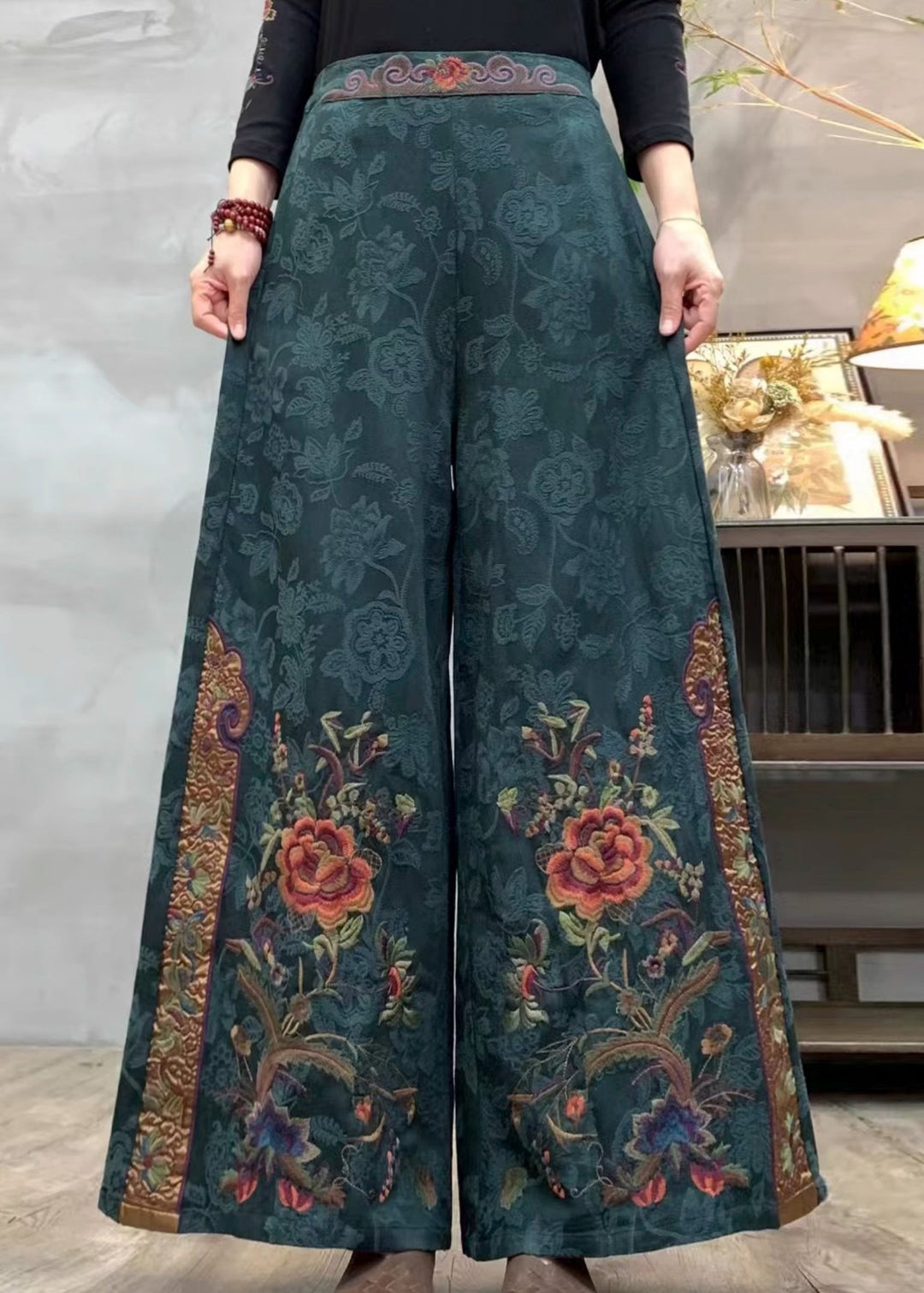 Handmade Dark Green Embroidered Jacquard Cotton Pants Spring