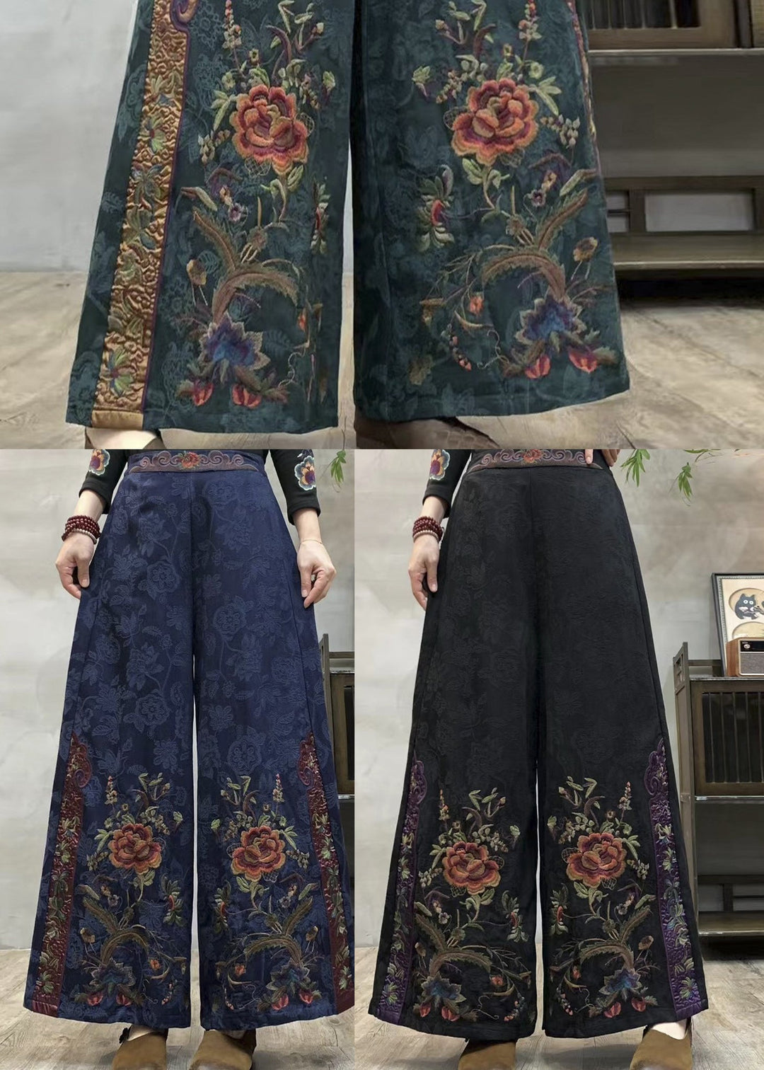 Handmade Dark Green Embroidered Jacquard Cotton Pants Spring