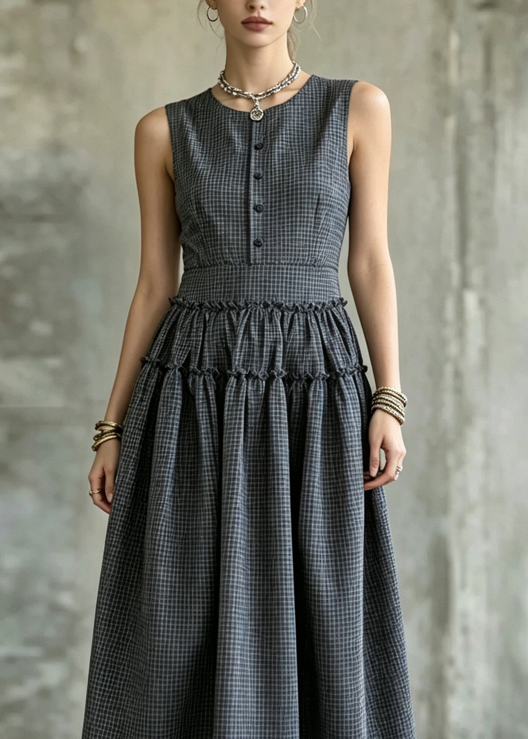 Handmade Dark Grey Wrinkled Patchwork Plaid Long Spaghetti Strap Dress Sleeveless