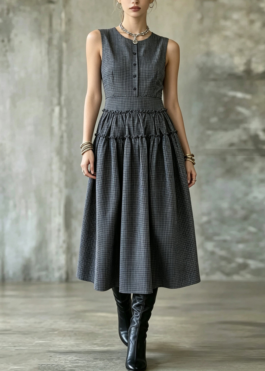 Handmade Dark Grey Wrinkled Patchwork Plaid Long Spaghetti Strap Dress Sleeveless