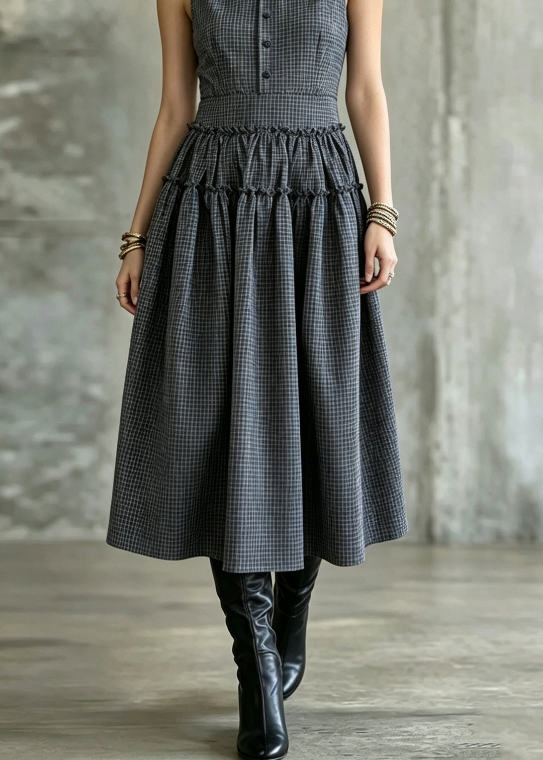Handmade Dark Grey Wrinkled Patchwork Plaid Long Spaghetti Strap Dress Sleeveless