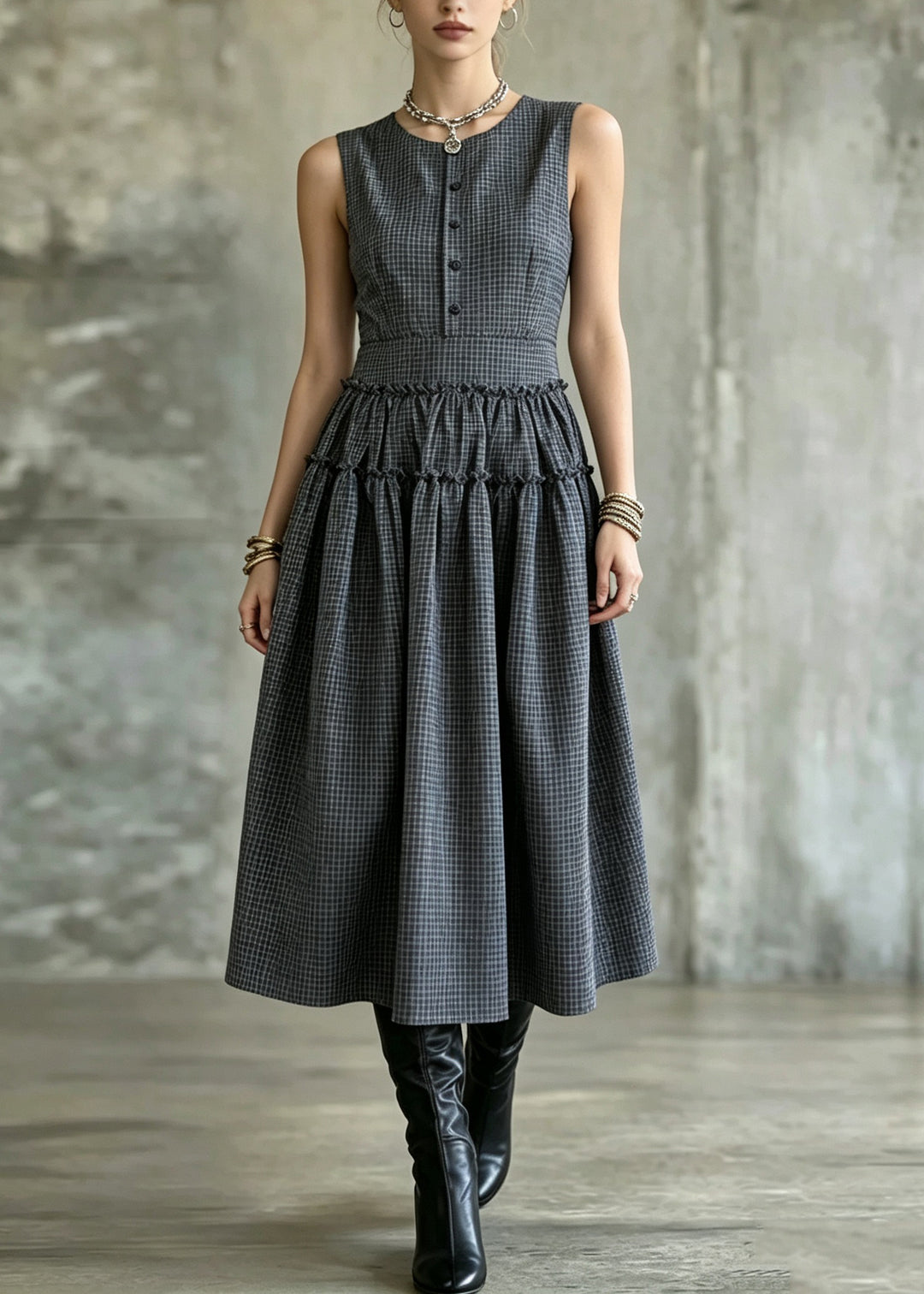 Handmade Dark Grey Wrinkled Patchwork Plaid Long Spaghetti Strap Dress Sleeveless