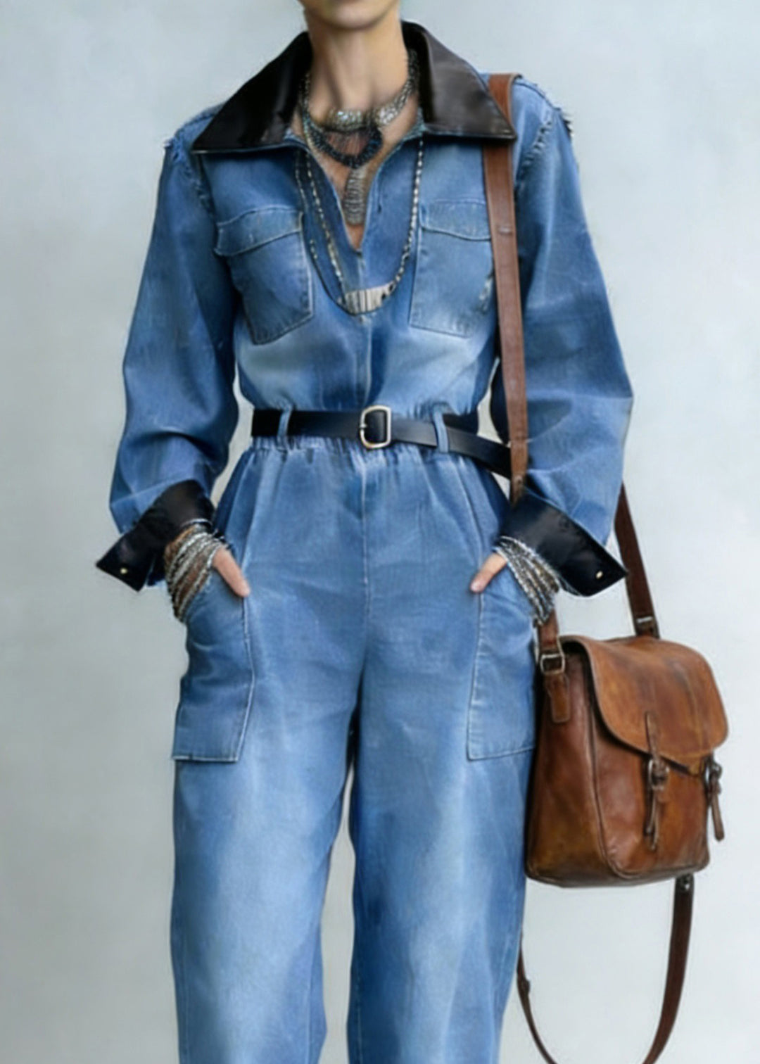 Handmade Denim Blue Peter Pan Collar Patchwork Jumpsuit Spring