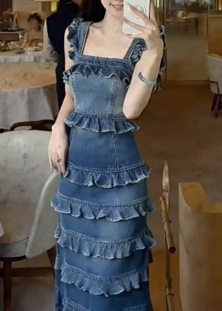Handmade Denim Blue Ruffled Patchwork Long Spaghetti Strap Dress Summer