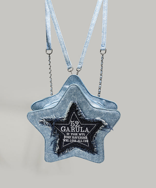 Handmade Denim Blue Tasseled Patchwork Letter Backpack Bag