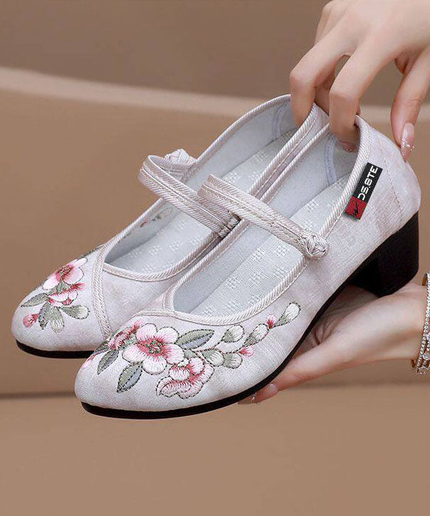 Handmade Embroidered Chunky Shoes Light Green Cotton Fabric
