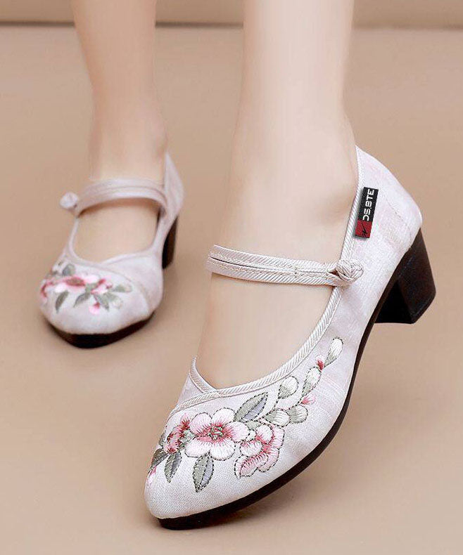 Handmade Embroidered Chunky Shoes Light Green Cotton Fabric