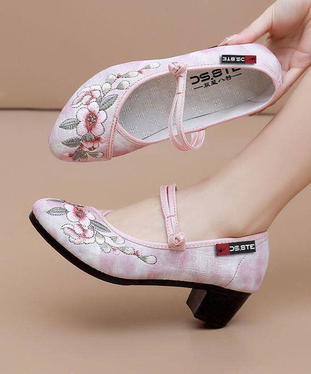 Handmade Embroidered Chunky Shoes Light Green Cotton Fabric