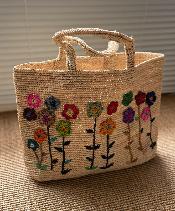 Handmade Embroidered Large Capacity Straw Woven Tote Bag