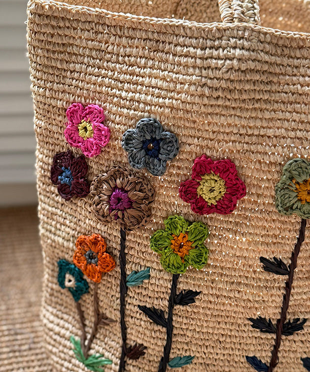 Handmade Embroidered Large Capacity Straw Woven Tote Bag
