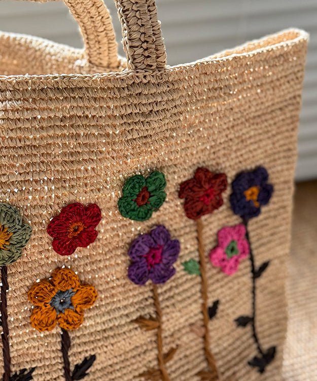 Handmade Embroidered Large Capacity Straw Woven Tote Bag